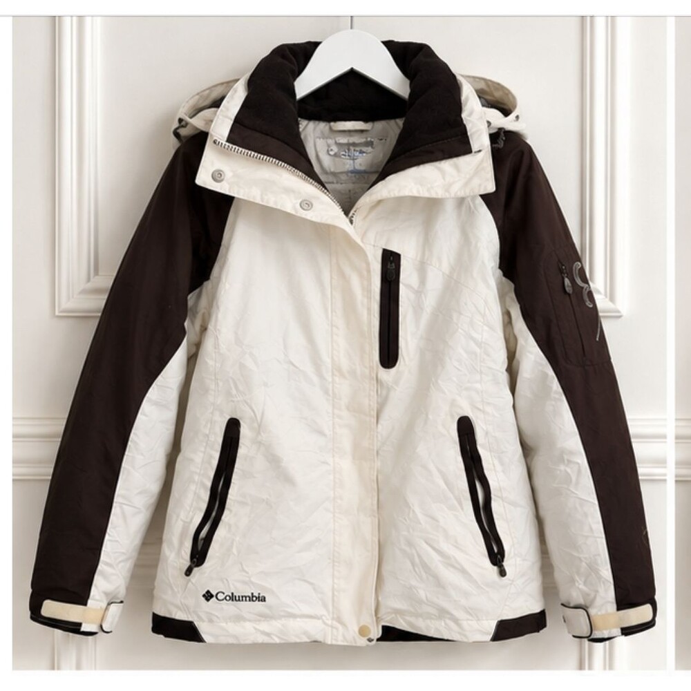 Columbia Omni-Tech Womens M Waterproof Ski Snowboard Jacket White Brown Hooded